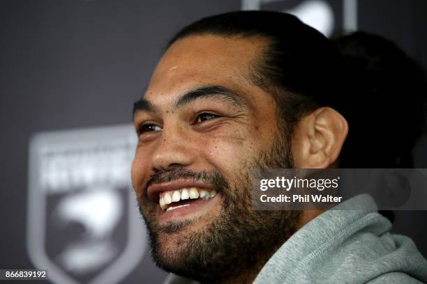 New Zealand Kiwi's Captain Adam Blair speaks during a New Zealand Kiwis Rugby League World Cup Press Conference at the Grand Mercure on October 27,...