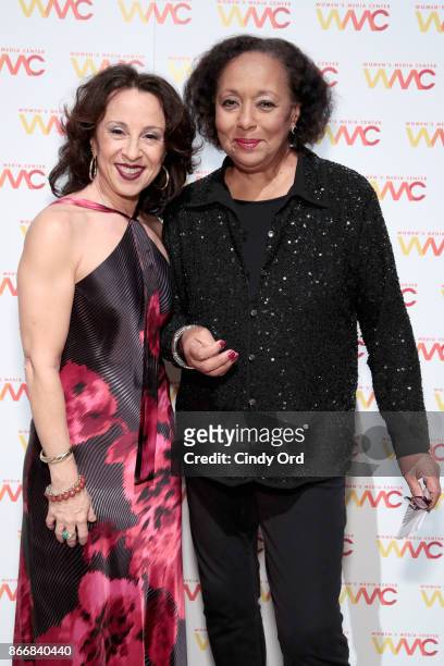 Journalist Maria Hinojosa winner of with the Carol Jenkins Award poses with Carol Jenkins at the Women's Media Center 2017 Women's Media Awards at...