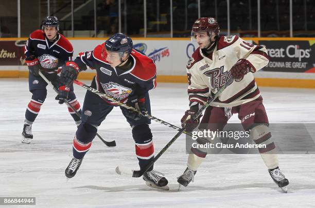 Blade Jenkins of the Saginaw Spirit skates against Adam Timleck of the Peterborough Petes in an OHL game at the Peterborough Memorial Centre on...