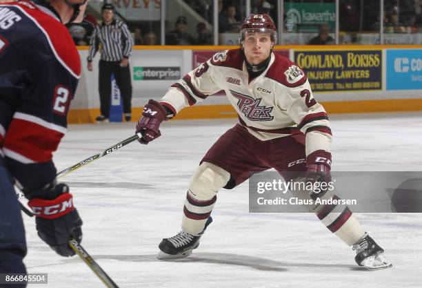 Matyas Svoboda of the Peterborough Petes skates against the Saginaw Spirit in an OHL game at the Peterborough Memorial Centre on October 26, 2017 in...