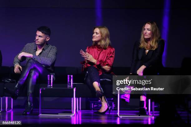 Model Baptiste Giabiconi, CEO McFIT Models Anja Tillack and Tatjana Patitz are seen on stage at the New Body Award By McFit Models on October 26,...