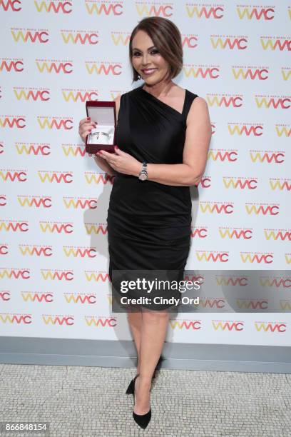 María Elena Salinas poses with the WMC Pat Mitchell Lifetime Achievement Award at the Women's Media Center 2017 Women's Media Awards at Capitale on...