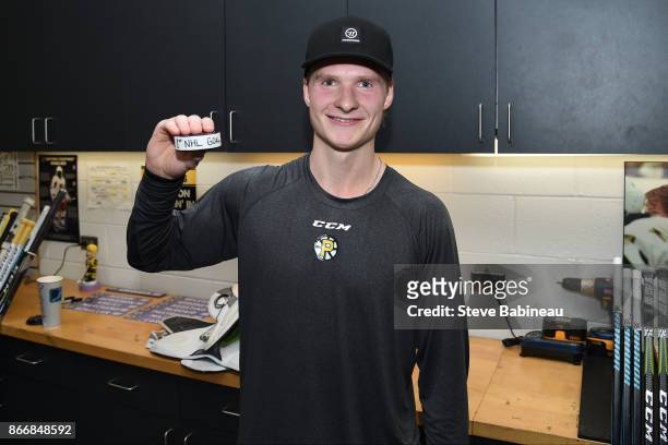 Danton Heinen of the Boston Bruins celebrates his first NHL goal against the San Jose Sharks at the TD Garden on October 26, 2017 in Boston,...