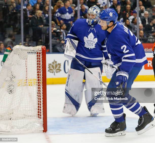 Toronto Maple Leafs goalie Frederik Andersen and Toronto Maple Leafs defenseman Ron Hainsey looking dejected as another goal is scored. Toronto Maple...
