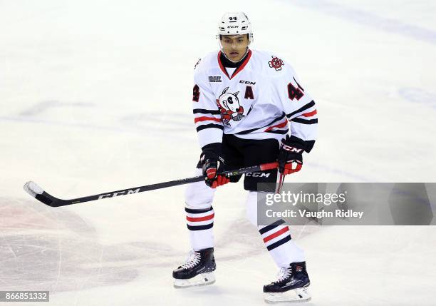 Akil Thomas of the Niagara IceDogs skates during an OHL game against the Oshawa Generals at the Meridian Centre on October 26, 2017 in St Catharines,...