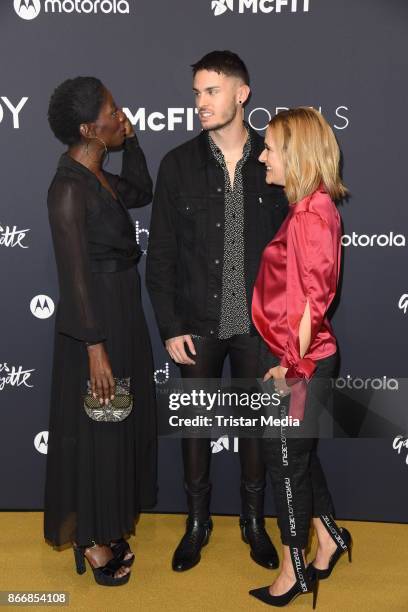 Nikeata Thompson, french model and singer Baptiste Giabiconi and Anja Tillack attend the New Body Award By McFit Models on October 26, 2017 in...