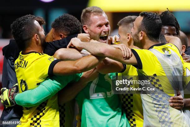 Adam Jahn of Columbus Crew reacts after converting a penalty kick to give the Crew a win over the Atlanta United 3-1 on penalties during the Eastern...