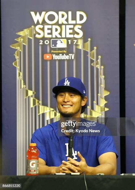 Los Angeles Dodgers pitcher Yu Darvish attends a press conference in Houston on Oct. 26 a day before his scheduled start in Game 3 of the World...