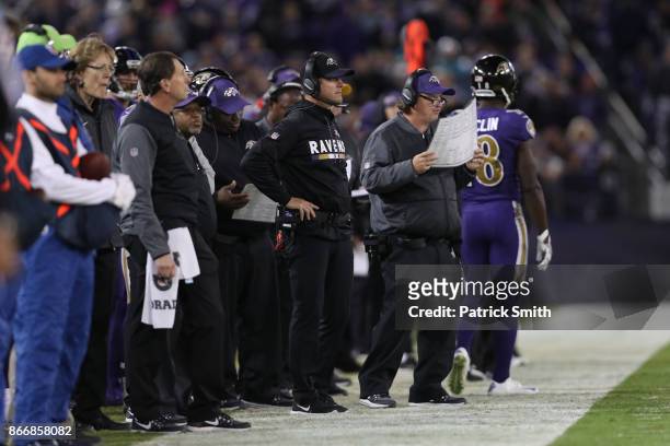 Head Coach John Harbaugh of the Baltimore Ravens looks on during the second quarter against the Miami Dolphins at M&T Bank Stadium on October 26,...