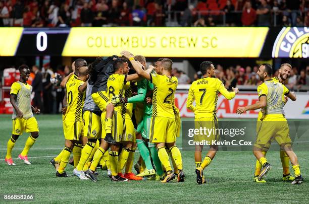 The Columbus Crew celebrates after Adam Jahn converts a penalty kick to give the Crew a win over the Atlanta United 3-1 on penalties during the...