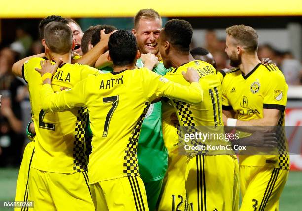 Adam Jahn of Columbus Crew reacts after converting a penalty kick to give the Crew a win over the Atlanta United 3-1 on penalties during the Eastern...