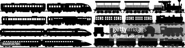 hochdetaillierte zug silhouetten - eisenbahnwaggon stock-grafiken, -clipart, -cartoons und -symbole