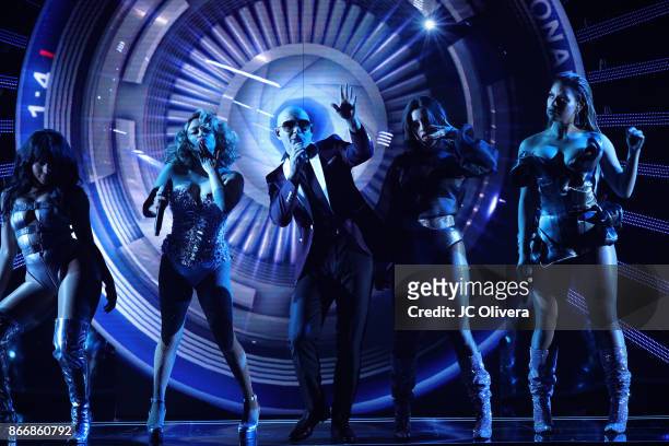 Recording artist Pitbull and Normani Kordei, Ally Brooke, Lauren Jauregui and Dinah Jane of Fifth Harmony perform onstage during the 2017 Latin...