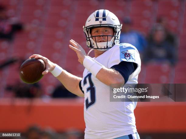 Quarterback Brandon Weeden of the Tennessee Titans throws a pass prior to a game on October 22, 2017 against the Cleveland Browns at FirstEnergy...