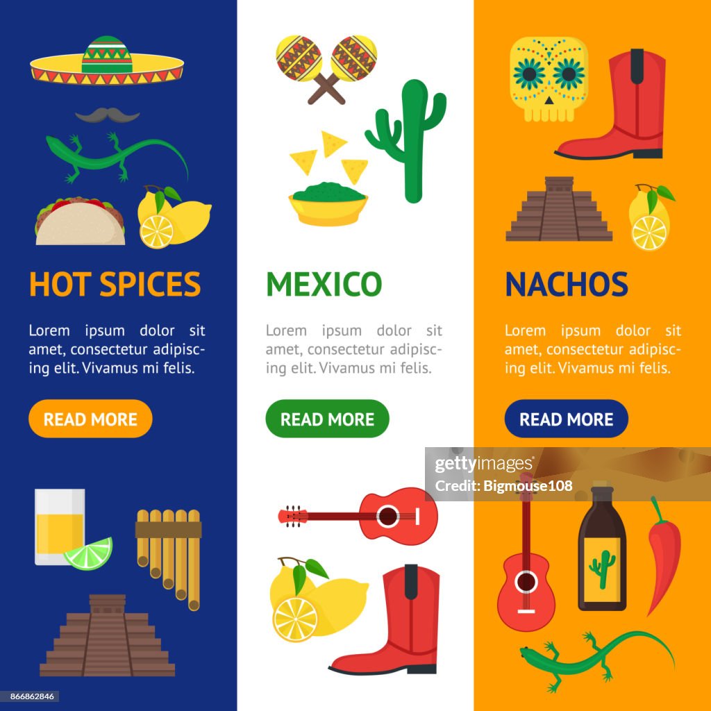 Dibujos Animados Cultura Mexicana Color Bandera Vecrtical Sistema Vector  Ilustración de stock - Getty Images