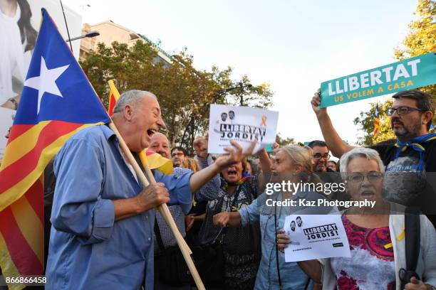 Protesters gather in the city centre to demonstrate against the Spanish federal government's move to suspend Catalonian autonomy on October 21, 2017...