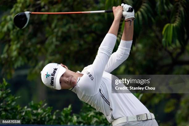 Sung Hyun Park of South Korea tees off on the 4th hole during day two of the Sime Darby LPGA Malaysia at TPC Kuala Lumpur East Course on October 27,...