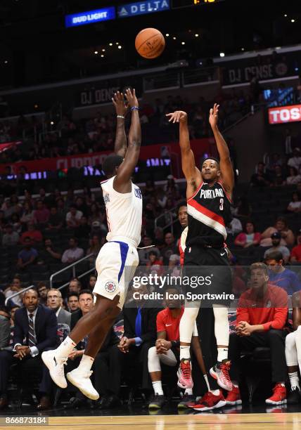 Trail Blazers CJ McCollum shoots three pointer during an NBA preseason game between the Portland Trail Blazers and the Los Angeles Clippers on...