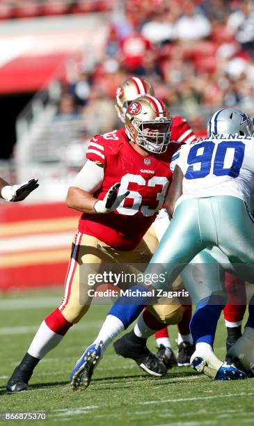 Brandon Fusco of the San Francisco 49ers blocks during the game against the Dallas Cowboys at Levi's Stadium on October 22, 2017 in Santa Clara,...