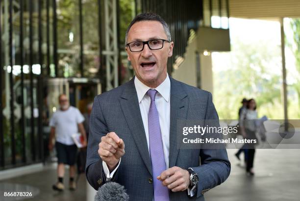 Senator Richard Di Natale, Leader of the Australian Green delivers a press conferance outside the High Court on October 27, 2017 in Canberra,...