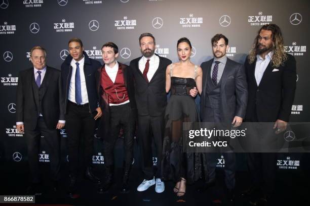 Producer Charles Roven, actors Ray Fisher, Ezra Miller, Ben Affleck, Gal Gadot, Henry Cavill and Jason Momoa attend 'Justice League' premiere at 798...