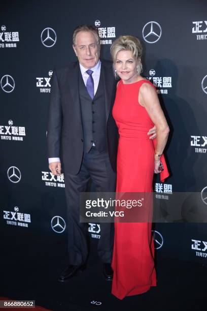 Producer Charles Roven and Stephanie Haymes Roven attend 'Justice League' premiere at 798 Art Zone on October 26, 2017 in Beijing, China.