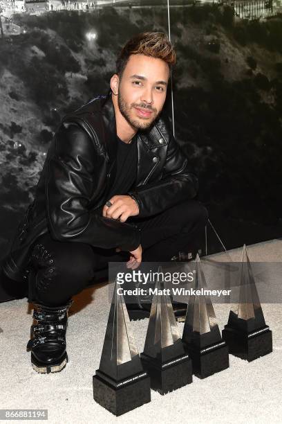 Geoffrey Royce Rojas aka Prince Royce poses with his awards during the 2017 Latin American Music Awards at Dolby Theatre on October 26, 2017 in...