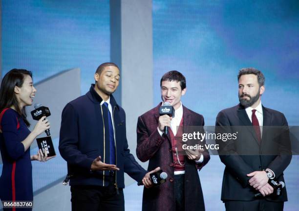 Actors Ray Fisher, Ezra Miller and Ben Affleck attend 'Justice League' premiere at 798 Art Zone on October 26, 2017 in Beijing, China.