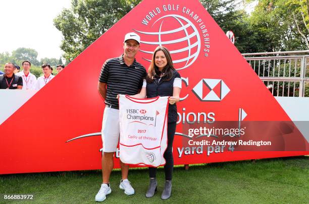 Caddie of the year 2017 Ricky Elliott poses with Nicola Crowther Senior Manager, Global Golf Strategy and Planning at HSBC on the first tee during...