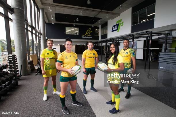 Rugby Australia athletes Lewis Holland, Mollie Gray, Bernard Foley, Mahalia Murphy and Kurtley Beale pose during the opening of the Rugby Australia...