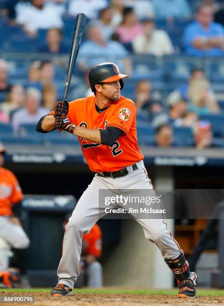 Hardy of the Baltimore Orioles in action against the New York Yankees at Yankee Stadium on September 16, 2017 in the Bronx borough of New York City....