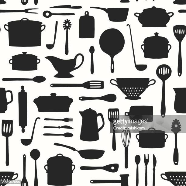 シームレスなキッチン用品パターン - cooking pan点のイラスト素材／クリップアート素材／マンガ素材／アイコン素材