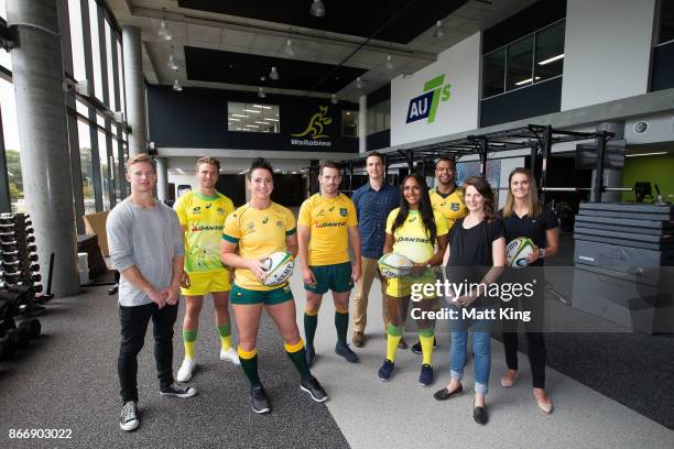 Rugby Australia athletes Lewis Holland, Mollie Gray, Bernard Foley, Mahalia Murphy and Kurtley Beale pose with UTS research students during the...