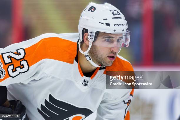 Philadelphia Flyers Defenceman Brandon Manning prepares for the faceoff during second period National Hockey League action between the Philadelphia...