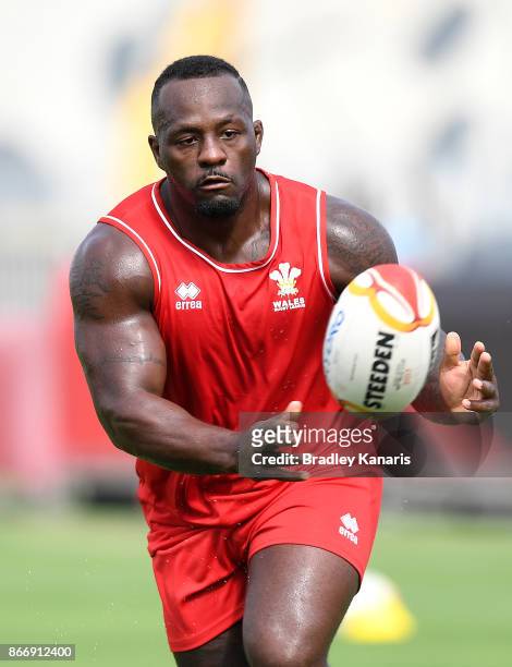 Phil Joseph passes the ball during a Wales Rugby League World Cup captain's run at the Oil Search National Football Stadium on October 27, 2017 in...