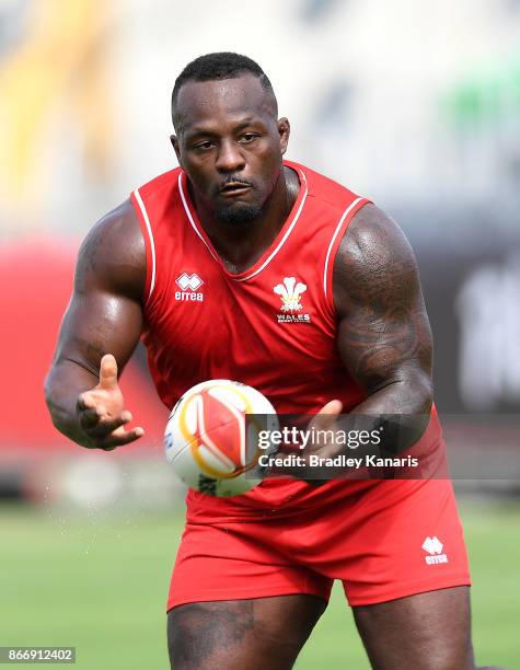 Phil Joseph passes the ball during a Wales Rugby League World Cup captain's run at the Oil Search National Football Stadium on October 27, 2017 in...