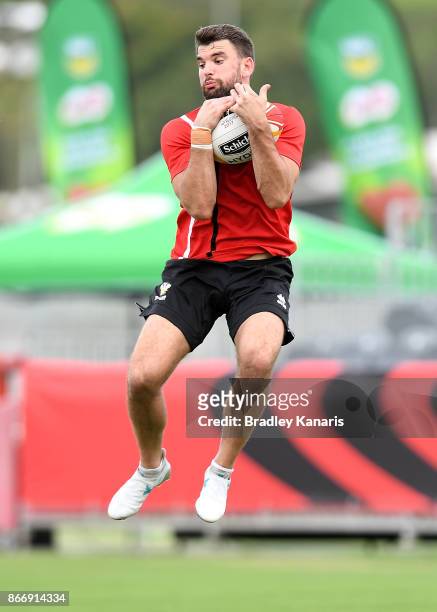 Elliot Kear catches the high ball during a Wales Rugby League World Cup captain's run at the Oil Search National Football Stadium on October 27, 2017...