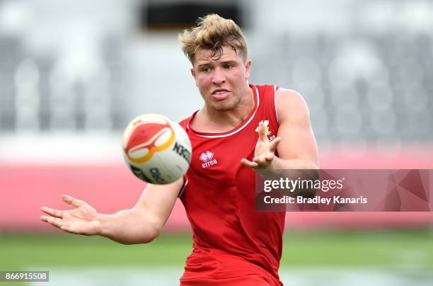 Chester Butler passes the ball during a Wales Rugby League World Cup captain's run at the Oil Search National Football Stadium on October 27, 2017 in...