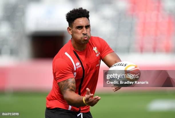 Dalton Grant passes the ball during a Wales Rugby League World Cup captain's run at the Oil Search National Football Stadium on October 27, 2017 in...
