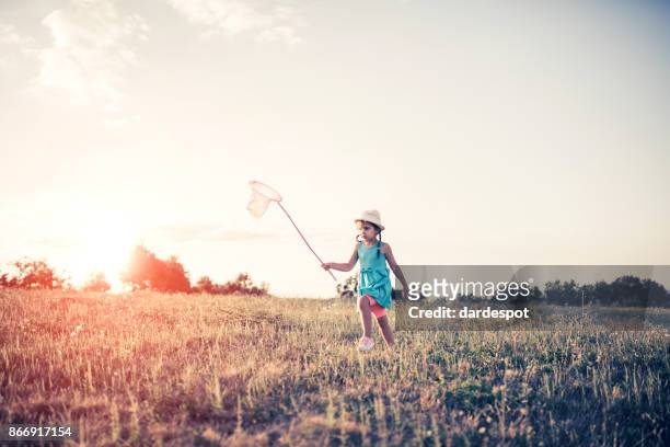 girl chasing a butterfly - catching bubbles stock pictures, royalty-free photos & images