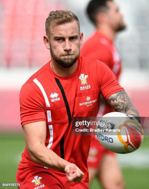 Courtney Davies passes the ball during a Wales Rugby League World Cup captain's run at the Oil Search National Football Stadium on October 27, 2017...