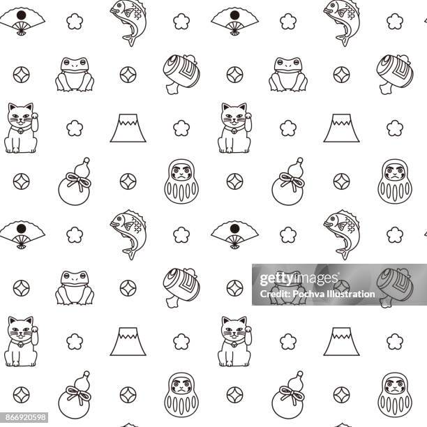 japanese good luck charms seamless pattern - maneki neko stock illustrations