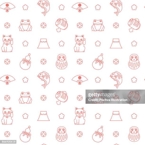 japanese good luck charms seamless pattern - japan blossom stock illustrations
