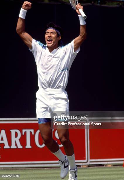 Shuzo Matsuoka of Japan celebrates during the Stella Artois Championships at the Queen's Club in London, England circa June 1992.