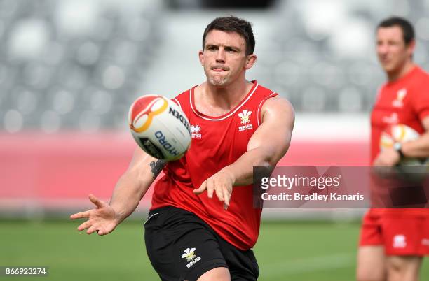 Matty Barron passes the ball during a Wales Rugby League World Cup captain's run at the Oil Search National Football Stadium on October 27, 2017 in...