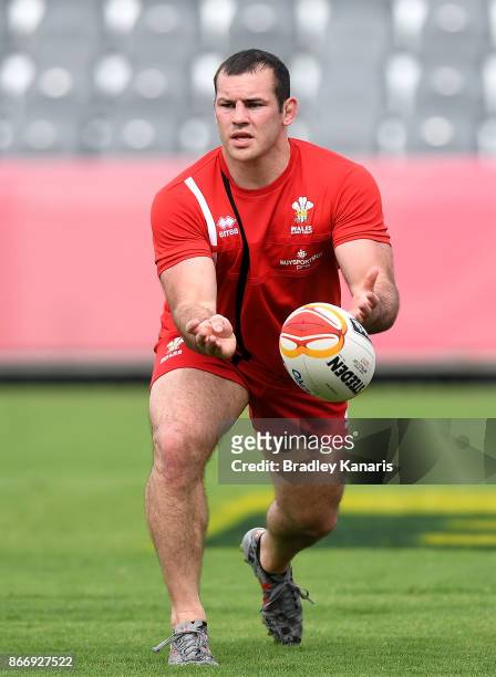 Steve Parry passes the ball during a Wales Rugby League World Cup captain's run at the Oil Search National Football Stadium on October 27, 2017 in...