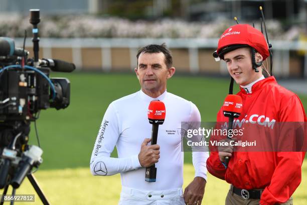 Dylan Dunn interviews father Dwayne on Racing.com before Manikato Stakes Night at Moonee Valley Racecourse on October 27, 2017 in Melbourne,...