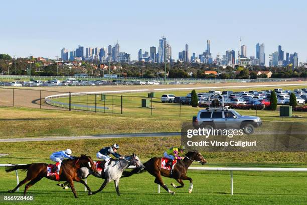 Craig Williams riding Dodging Bullets before winning Race 1, during Manikato Stakes Night at Moonee Valley Racecourse on October 27, 2017 in...