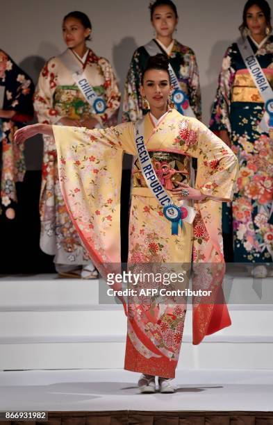 Miss Czech Republlic, Alice Cincurova poses in a traditonal Japanese Kimono during the 57th Miss International Beauty Pageant press conference in...