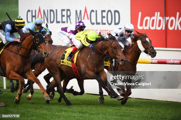 Craig Williams riding Carraig Aonair in Race 2, during Manikato Stakes Night at Moonee Valley Racecourse on October 27, 2017 in Melbourne, Australia.